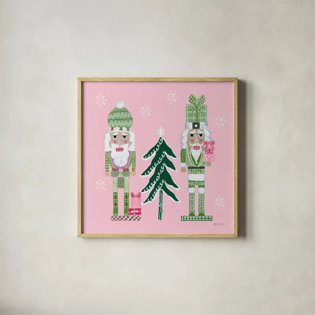 Dreamland Nutcrackers III by Yvette St. Amant. Shown in a natural wood glass frame for a timeless modern aesthetic. Available as an archival giclee rolled canvas, fine art paper, or poster print. SKU 95775a.