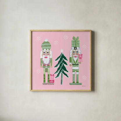 Dreamland Nutcrackers III by Yvette St. Amant. Shown in a natural wood glass frame for a timeless modern aesthetic. Available as an archival giclee rolled canvas, fine art paper, or poster print. SKU 95775a.