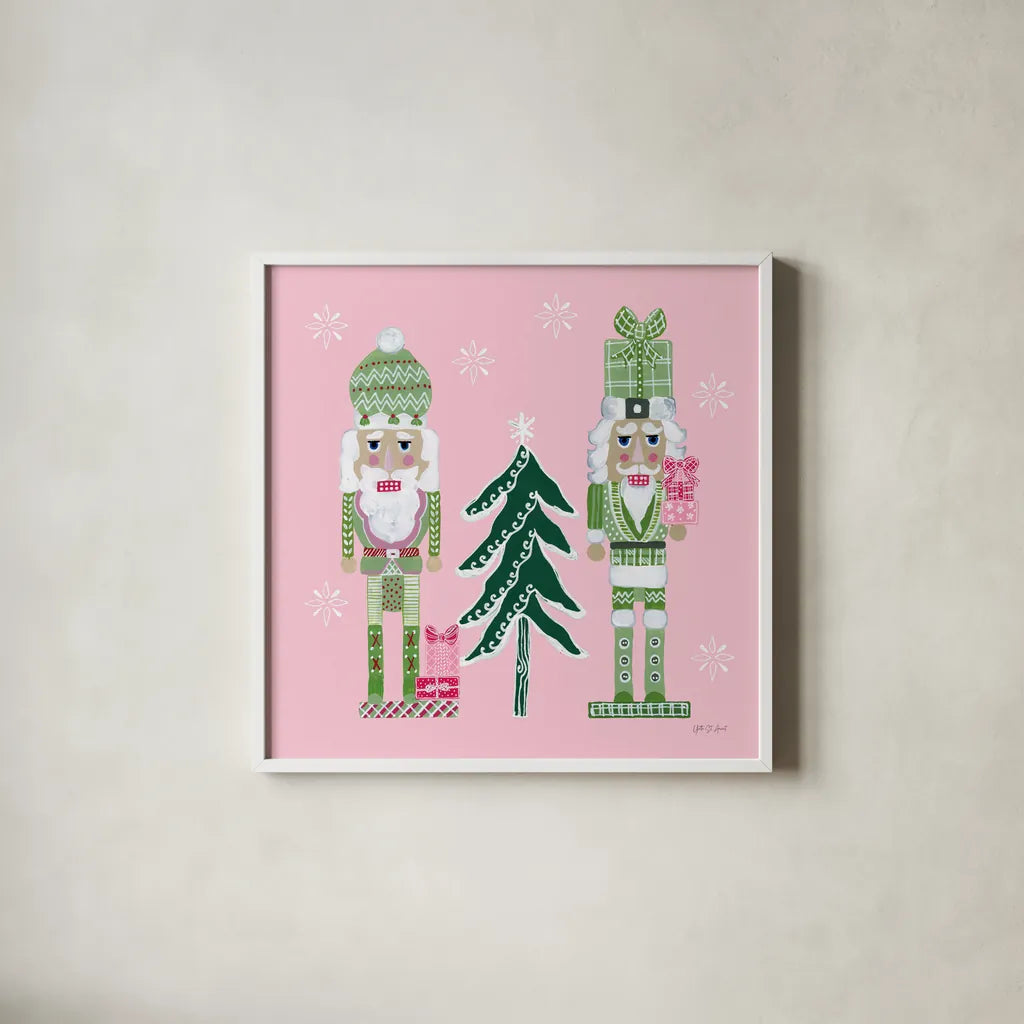 Dreamland Nutcrackers III by Yvette St. Amant. Shown in a crisp white glass frame for a clean and minimalist style. Available as an archival giclee rolled canvas, fine art paper, or poster print. SKU 95775a.