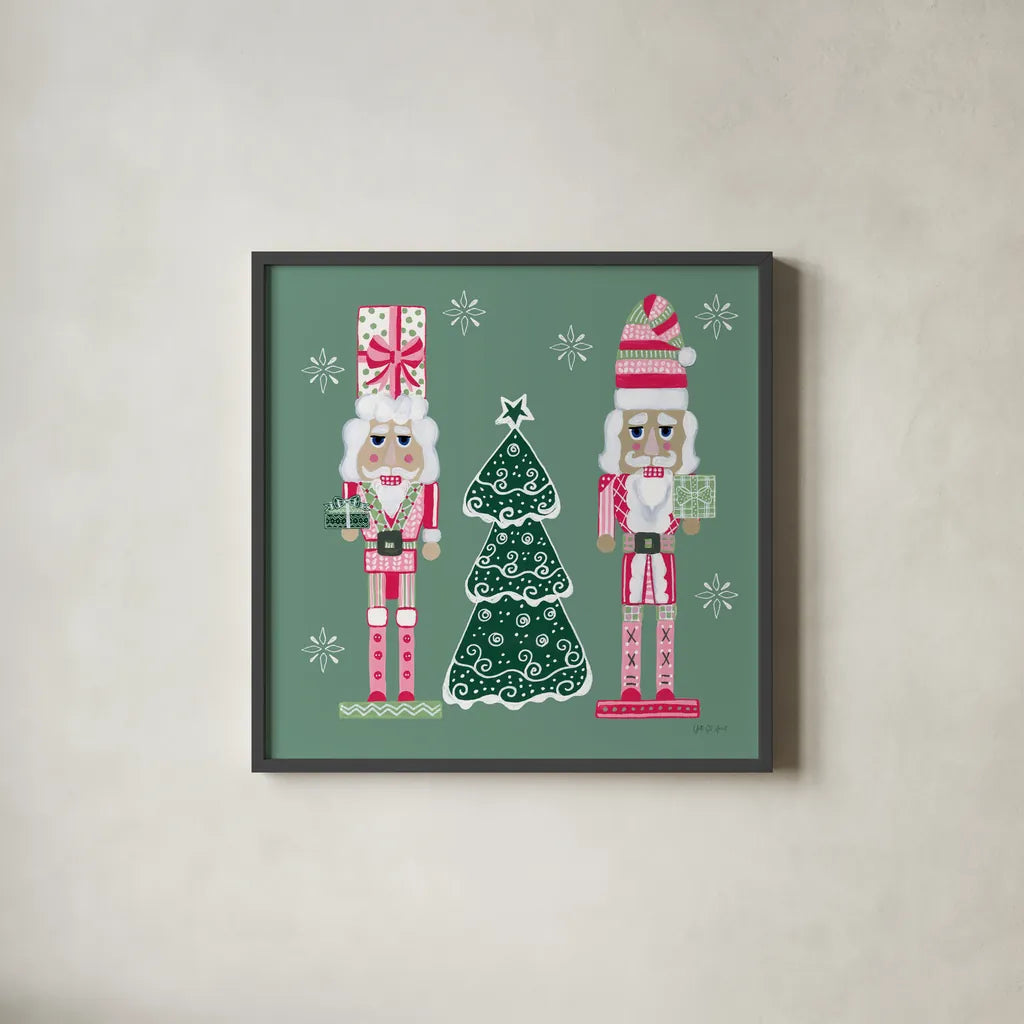 Dreamland Nutcrackers IV by Yvette St. Amant. Shown in a sleek black glass frame for a contemporary gallery look. Available as an archival giclee rolled canvas, fine art paper, or poster print. SKU 95776a.