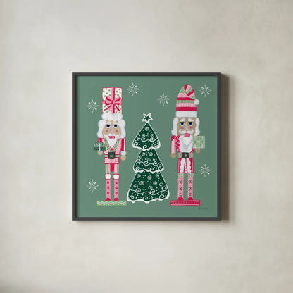 Dreamland Nutcrackers IV by Yvette St. Amant. Shown in a sleek black glass frame for a contemporary gallery look. Available as an archival giclee rolled canvas, fine art paper, or poster print. SKU 95776a.