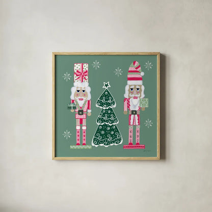 Dreamland Nutcrackers IV by Yvette St. Amant. Shown in a natural wood glass frame for a timeless modern aesthetic. Available as an archival giclee rolled canvas, fine art paper, or poster print. SKU 95776a.