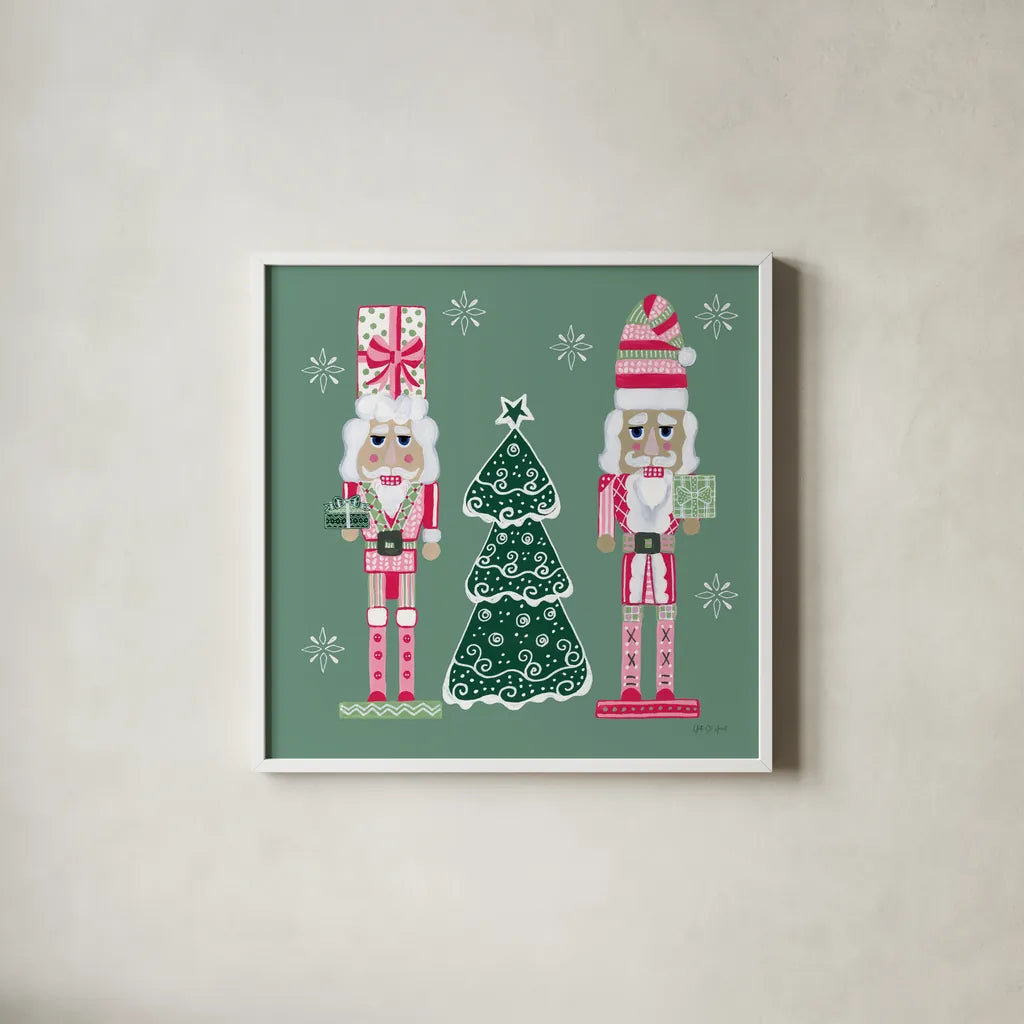 Dreamland Nutcrackers IV by Yvette St. Amant. Shown in a crisp white glass frame for a clean and minimalist style. Available as an archival giclee rolled canvas, fine art paper, or poster print. SKU 95776a.