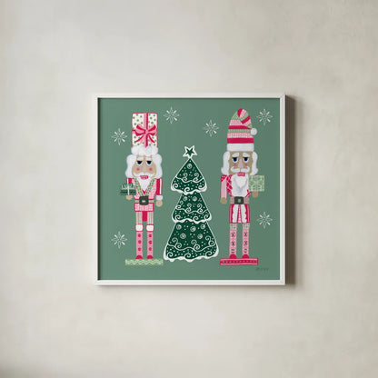Dreamland Nutcrackers IV by Yvette St. Amant. Shown in a crisp white glass frame for a clean and minimalist style. Available as an archival giclee rolled canvas, fine art paper, or poster print. SKU 95776a.