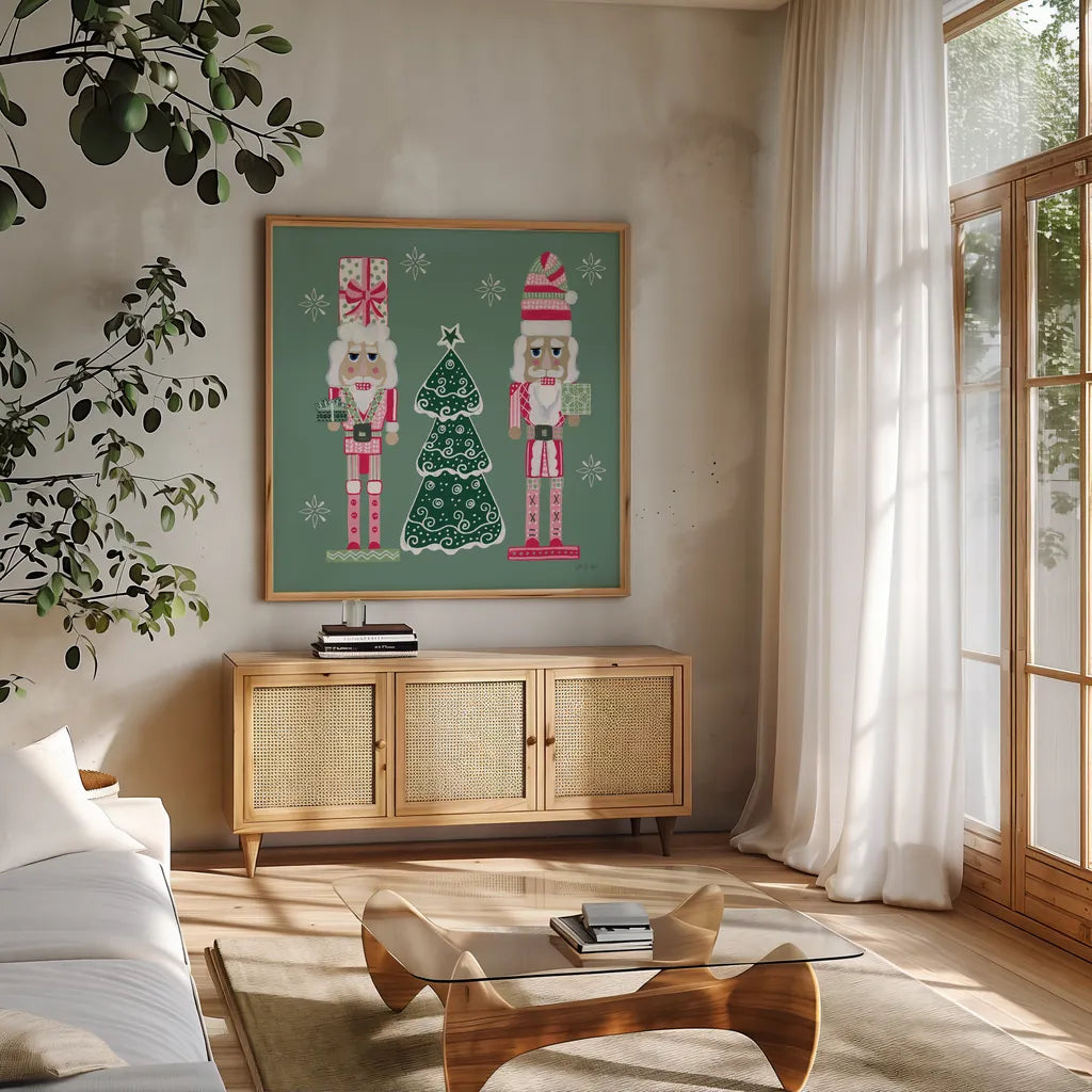 Dreamland Nutcrackers IV by Yvette St. Amant. Shown in a natural wood frame in a cozy modern living room. Available as an archival giclee rolled canvas, fine art paper, or poster print. SKU 95776a.