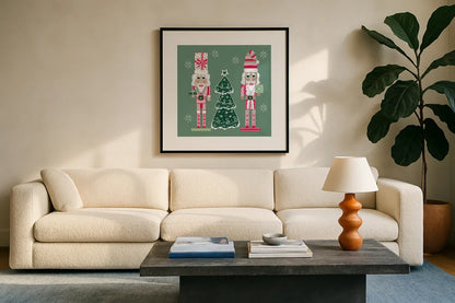 Dreamland Nutcrackers IV by Yvette St. Amant. Displayed in a glass frame with matte in a clean modern living room. Available as an archival giclee rolled canvas, fine art paper, or poster print. SKU 95776a.