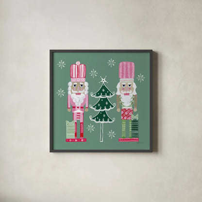 Dreamland Nutcrackers V by Yvette St. Amant. Shown in a sleek black glass frame for a contemporary gallery look. Available as an archival giclee rolled canvas, fine art paper, or poster print. SKU 95777a.