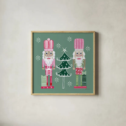 Dreamland Nutcrackers V by Yvette St. Amant. Shown in a natural wood glass frame for a timeless modern aesthetic. Available as an archival giclee rolled canvas, fine art paper, or poster print. SKU 95777a.