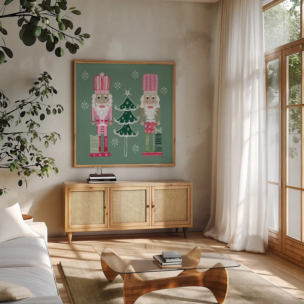 Dreamland Nutcrackers V by Yvette St. Amant. Shown in a natural wood frame in a cozy modern living room. Available as an archival giclee rolled canvas, fine art paper, or poster print. SKU 95777a.