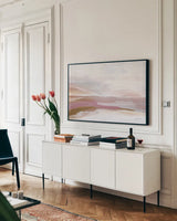 Dreamy Seascape Ethereal by Yvette St. Amant. shown as a framed stretched canvas in a living room above a console. Available as a archival giclee rolled canvas, fine art paper, or poster print. SKU 89353i.