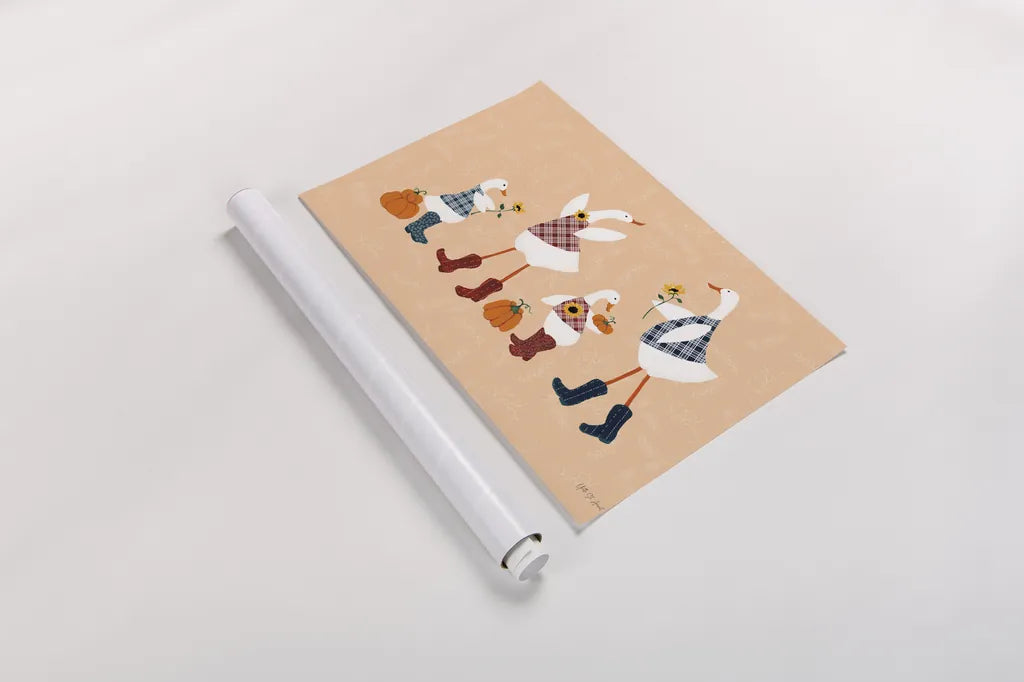 Ducks in the Pumpkin Patch I by Yvette St. Amant. shown as a rolled paper print. Available as archival giclee rolled canvas, fine art paper, or poster print. SKU 97324i.