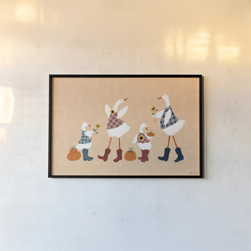 Ducks in the Pumpkin Patch I by Yvette St. Amant. shown as a paper print in a black flame. Available as a archival giclee rolled canvas, fine art paper, or poster print. SKU 97324i.