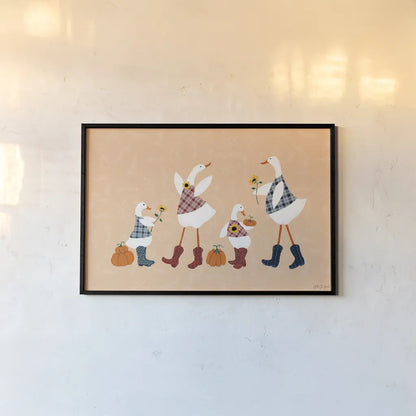 Ducks in the Pumpkin Patch I by Yvette St. Amant. shown as a paper print in a black flame. Available as a archival giclee rolled canvas, fine art paper, or poster print. SKU 97324i.