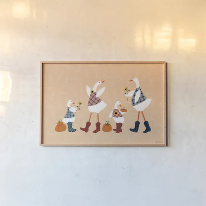 Ducks in the Pumpkin Patch I by Yvette St. Amant. shown as a paper print in a natural frame. Available as a archival giclee rolled canvas, fine art paper, or poster print. SKU 97324i.