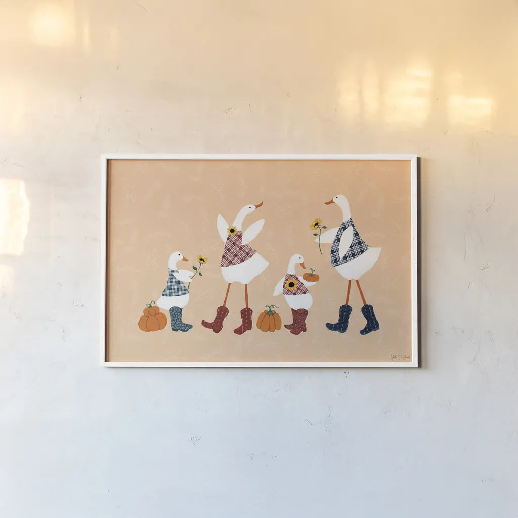 Ducks in the Pumpkin Patch I by Yvette St. Amant. shown as a paper print in a white frame. Available as a archival giclee rolled canvas, fine art paper, or poster print. SKU 97324i.
