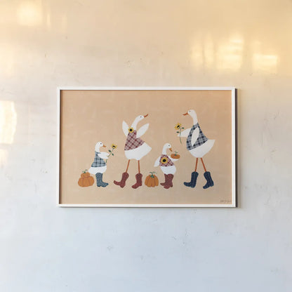 Ducks in the Pumpkin Patch I by Yvette St. Amant. shown as a paper print in a white frame. Available as a archival giclee rolled canvas, fine art paper, or poster print. SKU 97324i.