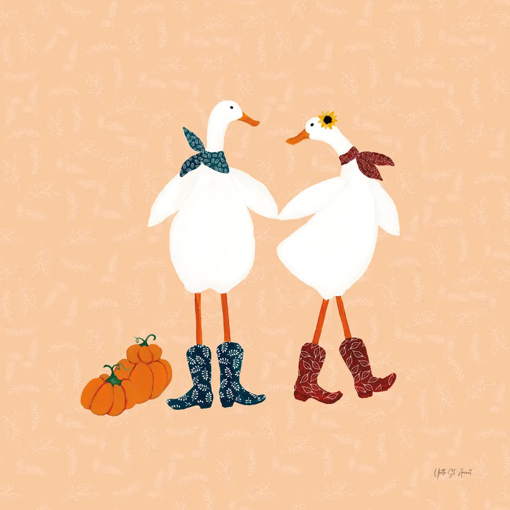 Ducks in the Pumpkin Patch II by Yvette St. Amant. SKU 97325a. Archival Giclee Fine art print for wall decor.
