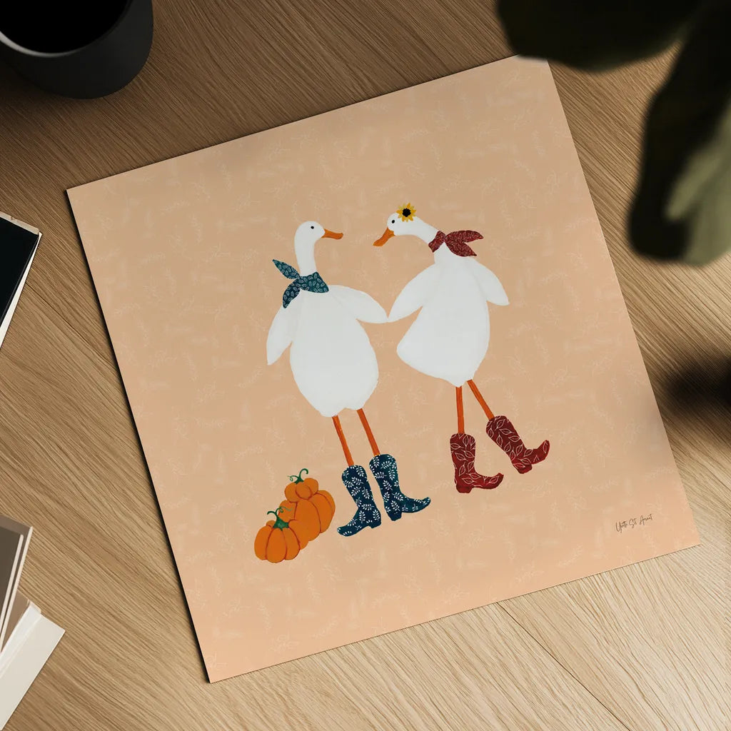 Ducks in the Pumpkin Patch II by Yvette St. Amant. Shown as a detailed flat fine art print, highlighting archival giclee quality. Available as an archival giclee rolled canvas, fine art paper, or poster print. SKU 97325a.
