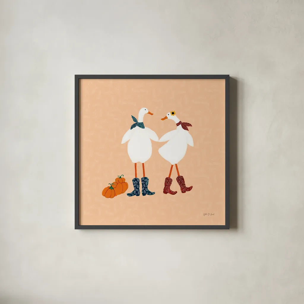 Ducks in the Pumpkin Patch II by Yvette St. Amant. Shown in a sleek black glass frame for a contemporary gallery look. Available as an archival giclee rolled canvas, fine art paper, or poster print. SKU 97325a.