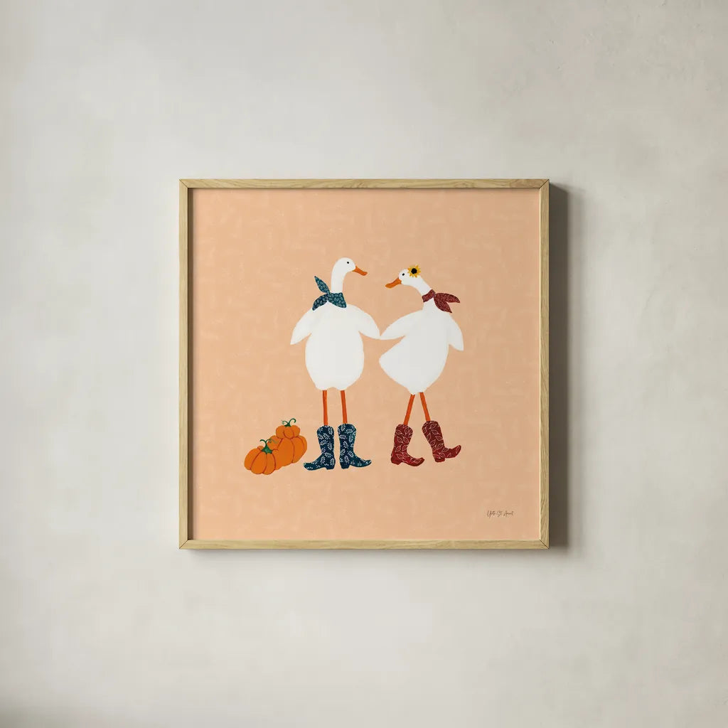 Ducks in the Pumpkin Patch II by Yvette St. Amant. Shown in a natural wood glass frame for a timeless modern aesthetic. Available as an archival giclee rolled canvas, fine art paper, or poster print. SKU 97325a.