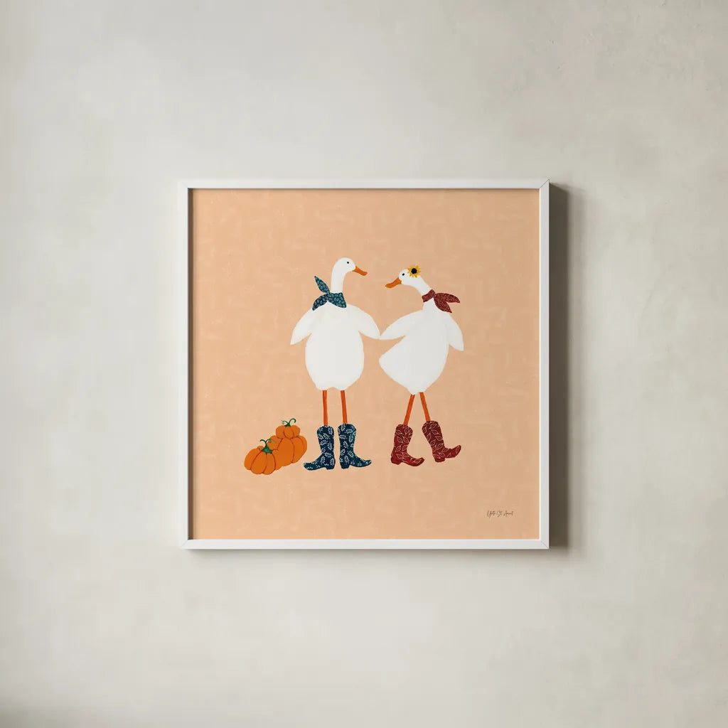 Ducks in the Pumpkin Patch II by Yvette St. Amant. Shown in a crisp white glass frame for a clean and minimalist style. Available as an archival giclee rolled canvas, fine art paper, or poster print. SKU 97325a.