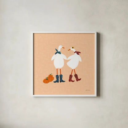 Ducks in the Pumpkin Patch II by Yvette St. Amant. Shown in a crisp white glass frame for a clean and minimalist style. Available as an archival giclee rolled canvas, fine art paper, or poster print. SKU 97325a.