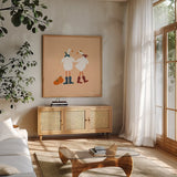 Ducks in the Pumpkin Patch II by Yvette St. Amant. Shown in a natural wood frame in a cozy modern living room. Available as an archival giclee rolled canvas, fine art paper, or poster print. SKU 97325a.