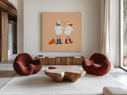 Ducks in the Pumpkin Patch II by Yvette St. Amant. Shown as extra-large giant wall art in a modern living room. Available as an archival giclee rolled canvas, fine art paper, or poster print. SKU 97325a.