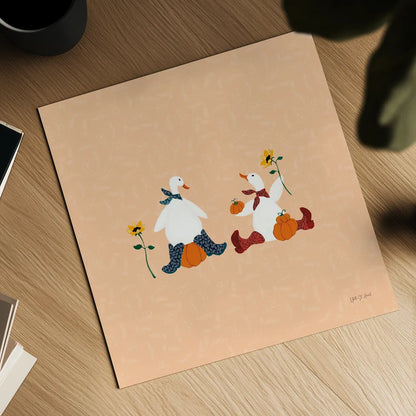 Ducks in the Pumpkin Patch III by Yvette St. Amant. Shown as a detailed flat fine art print, highlighting archival giclee quality. Available as an archival giclee rolled canvas, fine art paper, or poster print. SKU 97326a.