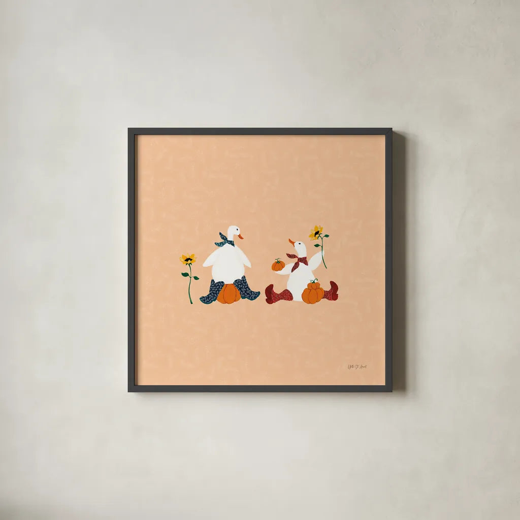 Ducks in the Pumpkin Patch III by Yvette St. Amant. Shown in a sleek black glass frame for a contemporary gallery look. Available as an archival giclee rolled canvas, fine art paper, or poster print. SKU 97326a.