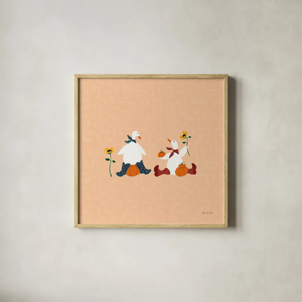 Ducks in the Pumpkin Patch III by Yvette St. Amant. Shown in a natural wood glass frame for a timeless modern aesthetic. Available as an archival giclee rolled canvas, fine art paper, or poster print. SKU 97326a.