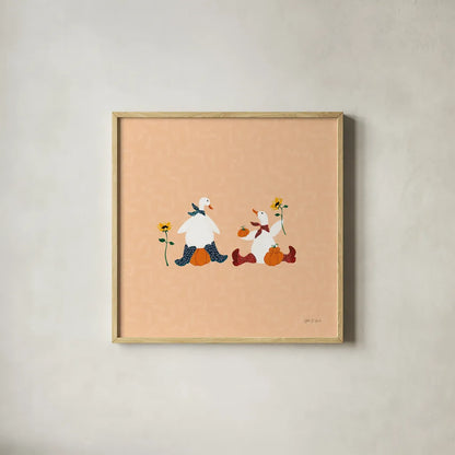 Ducks in the Pumpkin Patch III by Yvette St. Amant. Shown in a natural wood glass frame for a timeless modern aesthetic. Available as an archival giclee rolled canvas, fine art paper, or poster print. SKU 97326a.