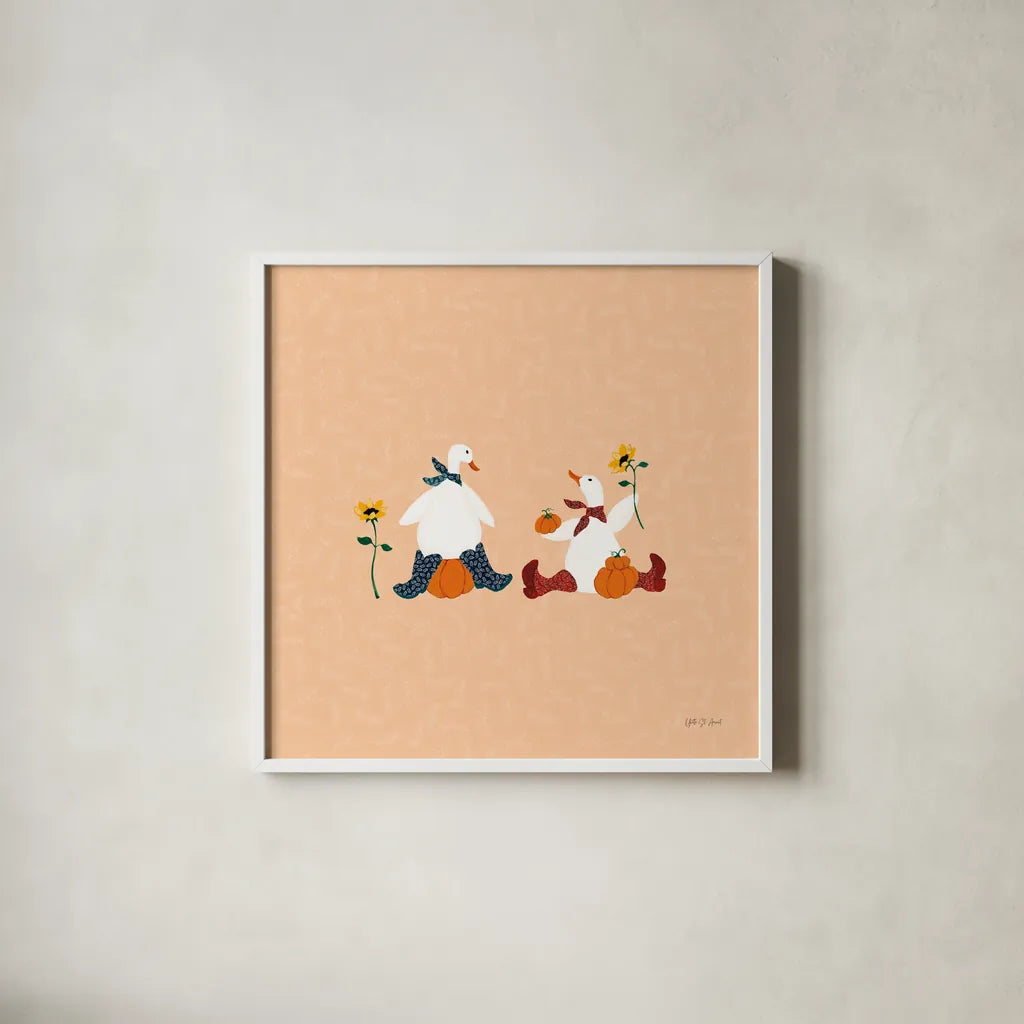 Ducks in the Pumpkin Patch III by Yvette St. Amant. Shown in a crisp white glass frame for a clean and minimalist style. Available as an archival giclee rolled canvas, fine art paper, or poster print. SKU 97326a.