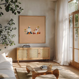 Ducks in the Pumpkin Patch III by Yvette St. Amant. Shown in a natural wood frame in a cozy modern living room. Available as an archival giclee rolled canvas, fine art paper, or poster print. SKU 97326a.