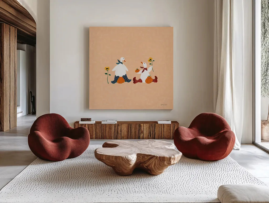 Ducks in the Pumpkin Patch III by Yvette St. Amant. Shown as extra-large giant wall art in a modern living room. Available as an archival giclee rolled canvas, fine art paper, or poster print. SKU 97326a.