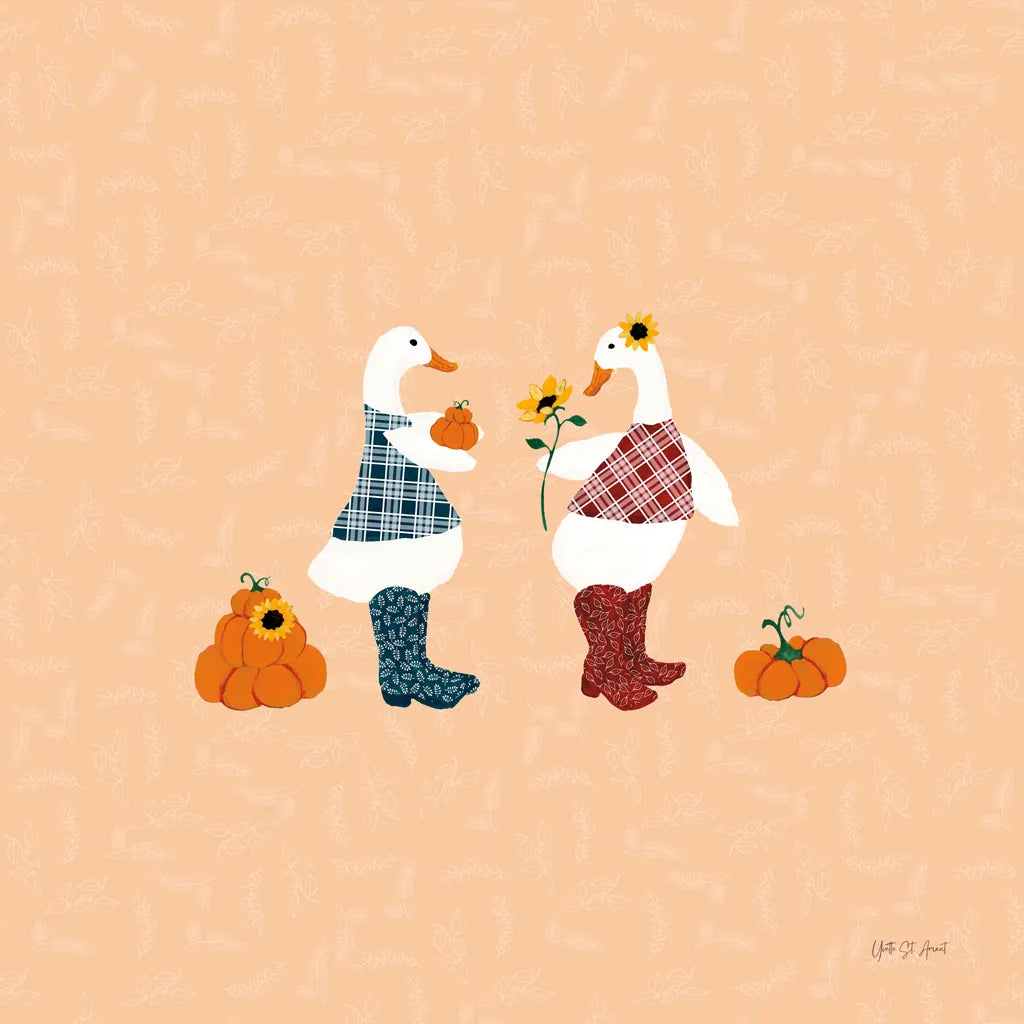 Ducks in the Pumpkin Patch IV by Yvette St. Amant. SKU 97327a. Archival Giclee Fine art print for wall decor.