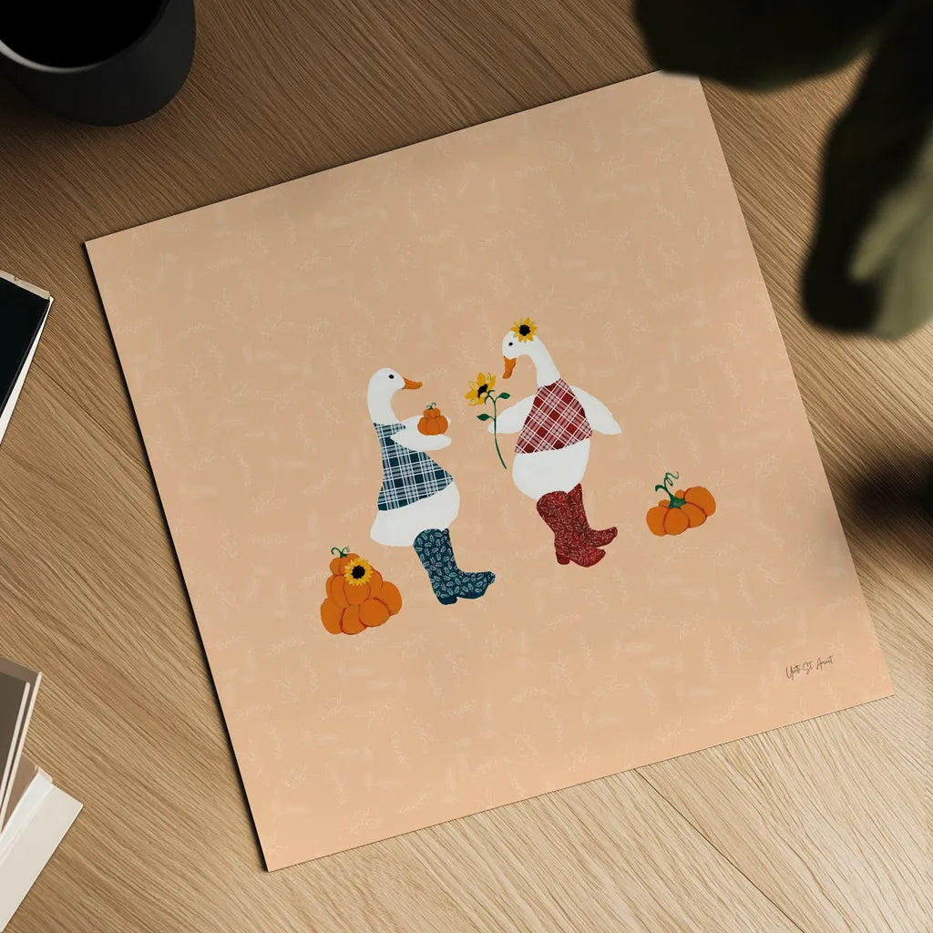 Ducks in the Pumpkin Patch IV by Yvette St. Amant. Shown as a detailed flat fine art print, highlighting archival giclee quality. Available as an archival giclee rolled canvas, fine art paper, or poster print. SKU 97327a.