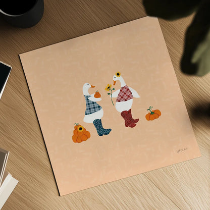Ducks in the Pumpkin Patch IV by Yvette St. Amant. Shown as a detailed flat fine art print, highlighting archival giclee quality. Available as an archival giclee rolled canvas, fine art paper, or poster print. SKU 97327a.