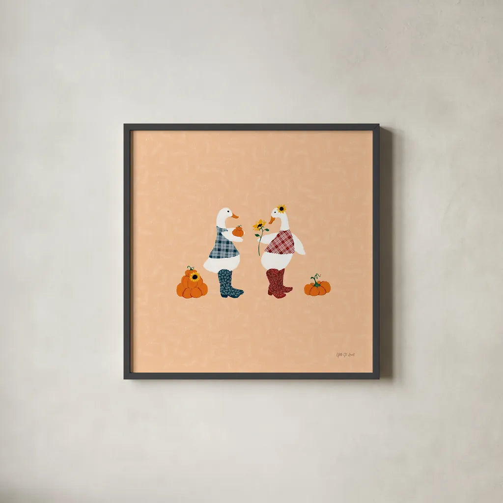 Ducks in the Pumpkin Patch IV by Yvette St. Amant. Shown in a sleek black glass frame for a contemporary gallery look. Available as an archival giclee rolled canvas, fine art paper, or poster print. SKU 97327a.