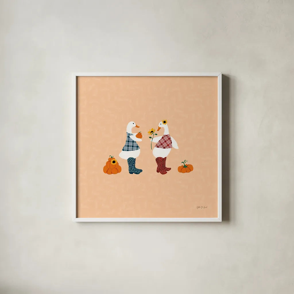 Ducks in the Pumpkin Patch IV by Yvette St. Amant. Shown in a crisp white glass frame for a clean and minimalist style. Available as an archival giclee rolled canvas, fine art paper, or poster print. SKU 97327a.