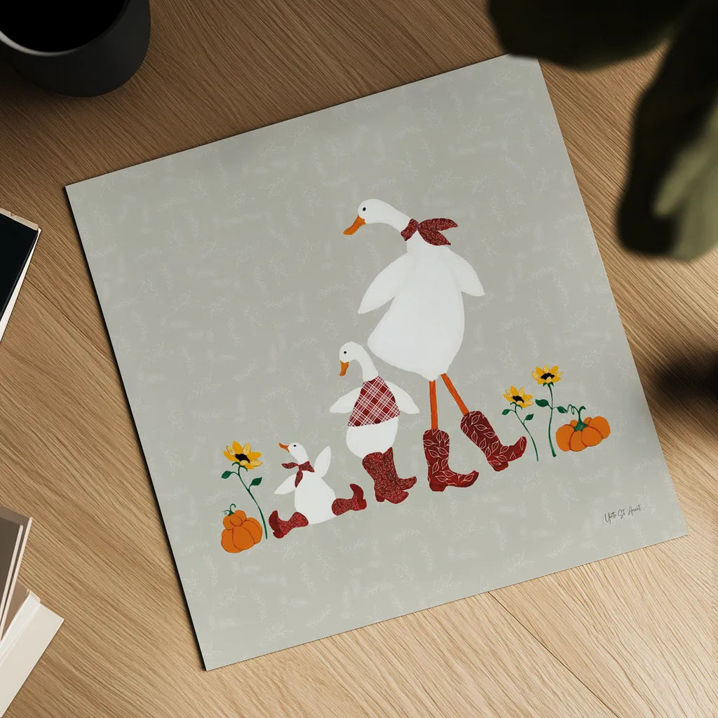Ducks in the Pumpkin Patch IX by Yvette St. Amant. Shown as a detailed flat fine art print, highlighting archival giclee quality. Available as an archival giclee rolled canvas, fine art paper, or poster print. SKU 97332a.