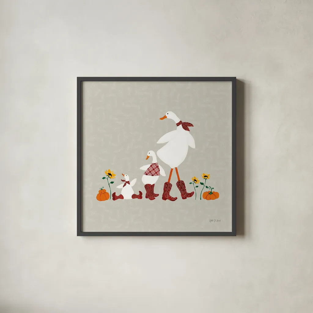 Ducks in the Pumpkin Patch IX by Yvette St. Amant. Shown in a sleek black glass frame for a contemporary gallery look. Available as an archival giclee rolled canvas, fine art paper, or poster print. SKU 97332a.