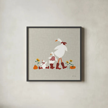 Ducks in the Pumpkin Patch IX by Yvette St. Amant. Shown in a sleek black glass frame for a contemporary gallery look. Available as an archival giclee rolled canvas, fine art paper, or poster print. SKU 97332a.