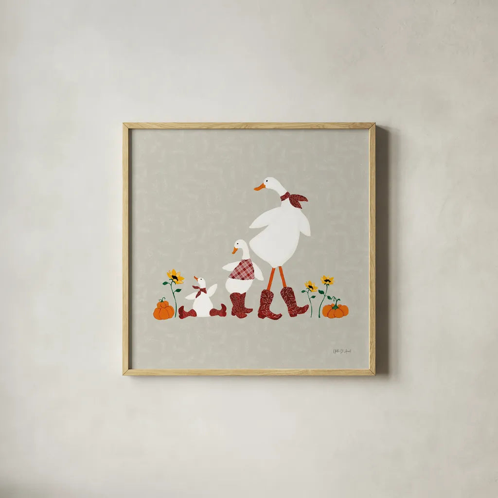 Ducks in the Pumpkin Patch IX by Yvette St. Amant. Shown in a natural wood glass frame for a timeless modern aesthetic. Available as an archival giclee rolled canvas, fine art paper, or poster print. SKU 97332a.