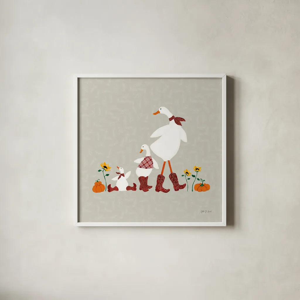 Ducks in the Pumpkin Patch IX by Yvette St. Amant. Shown in a crisp white glass frame for a clean and minimalist style. Available as an archival giclee rolled canvas, fine art paper, or poster print. SKU 97332a.