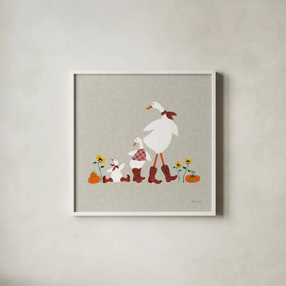 Ducks in the Pumpkin Patch IX by Yvette St. Amant. Shown in a crisp white glass frame for a clean and minimalist style. Available as an archival giclee rolled canvas, fine art paper, or poster print. SKU 97332a.
