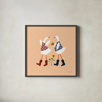 Ducks in the Pumpkin Patch V by Yvette St. Amant. Shown in a sleek black glass frame for a contemporary gallery look. Available as an archival giclee rolled canvas, fine art paper, or poster print. SKU 97328a.