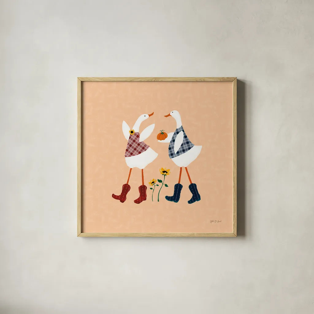 Ducks in the Pumpkin Patch V by Yvette St. Amant. Shown in a natural wood glass frame for a timeless modern aesthetic. Available as an archival giclee rolled canvas, fine art paper, or poster print. SKU 97328a.