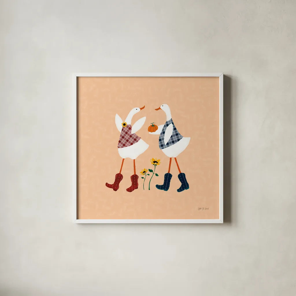 Ducks in the Pumpkin Patch V by Yvette St. Amant. Shown in a crisp white glass frame for a clean and minimalist style. Available as an archival giclee rolled canvas, fine art paper, or poster print. SKU 97328a.
