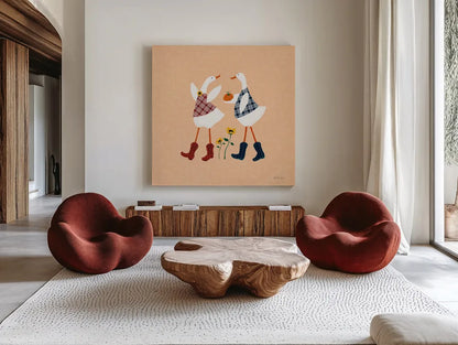 Ducks in the Pumpkin Patch V by Yvette St. Amant. Shown as extra-large giant wall art in a modern living room. Available as an archival giclee rolled canvas, fine art paper, or poster print. SKU 97328a.